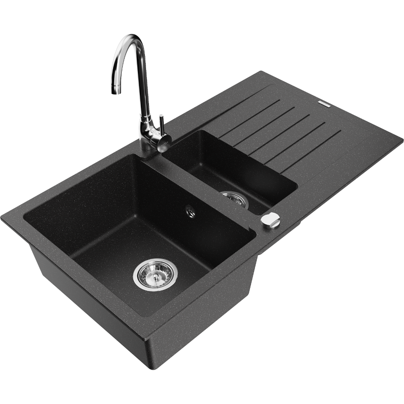 Mexen Matias 1.5-compartment granite sink with a drip tray and kitchen mixer tap Telma, Black/Silver - 6502-73-670200-00