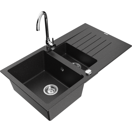 Mexen Matias granite sink 1.5-bowl with drainer and Telma kitchen tap, black/silver - 6502-73-670200-00