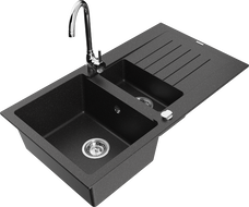 Mexen Matias granite sink 1.5-bowl with drainer and Telma kitchen faucet, black/silver - 6502-73-670200-00