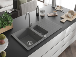Mexen Matias 1.5-bowl granite kitchen sink with drainer and Telma faucet, gray - 6502-71-670200-71
