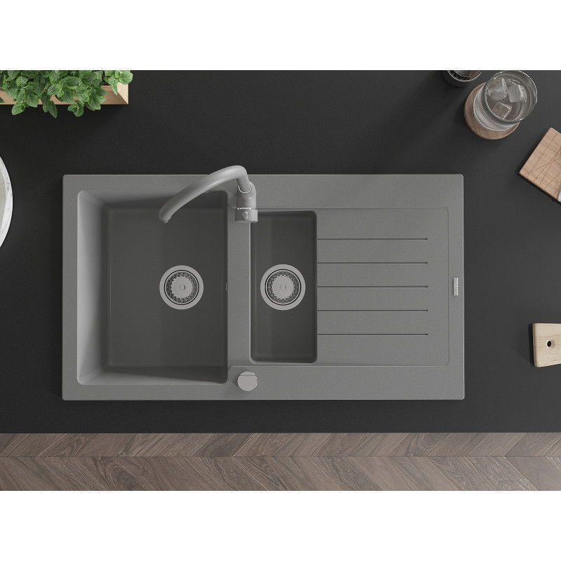 Mexen Matias granite sink 1.5-bowl with drainer and Telma kitchen tap, grey - 6502-71-670200-71
