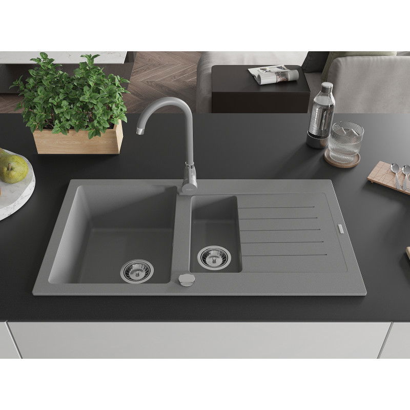 Mexen Matias granite sink 1.5-bowl with drainer and Telma kitchen tap, grey - 6502-71-670200-71
