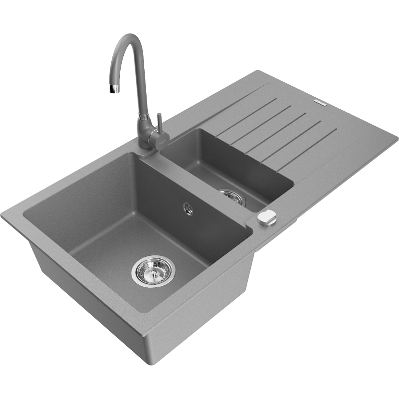 Mexen Matias granite sink 1.5-bowl with drainer and Telma kitchen tap, grey - 6502-71-670200-71