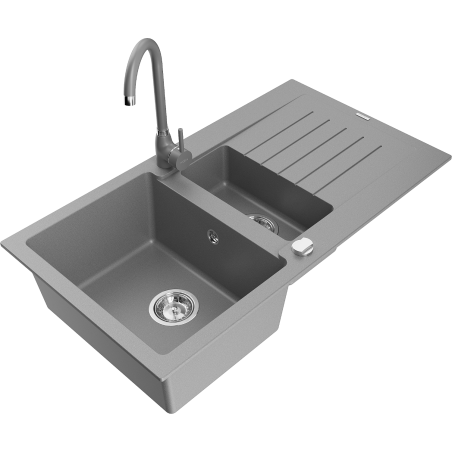 Mexen Matias granite sink 1.5-bowl with drainer and Telma kitchen tap, grey - 6502-71-670200-71