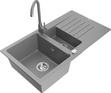 Mexen Matias 1.5-compartment granite sink with a drip tray and kitchen mixer tap Telma, Grey - 6502-71-670200-71