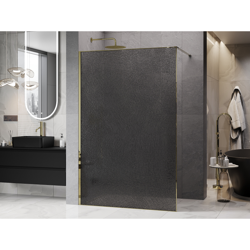 Mexen Kioto Walk-in Shower Panel 90 x 200 cm, Crackle Graphite 12 mm, Gold - 800-090-101-50-44-X
