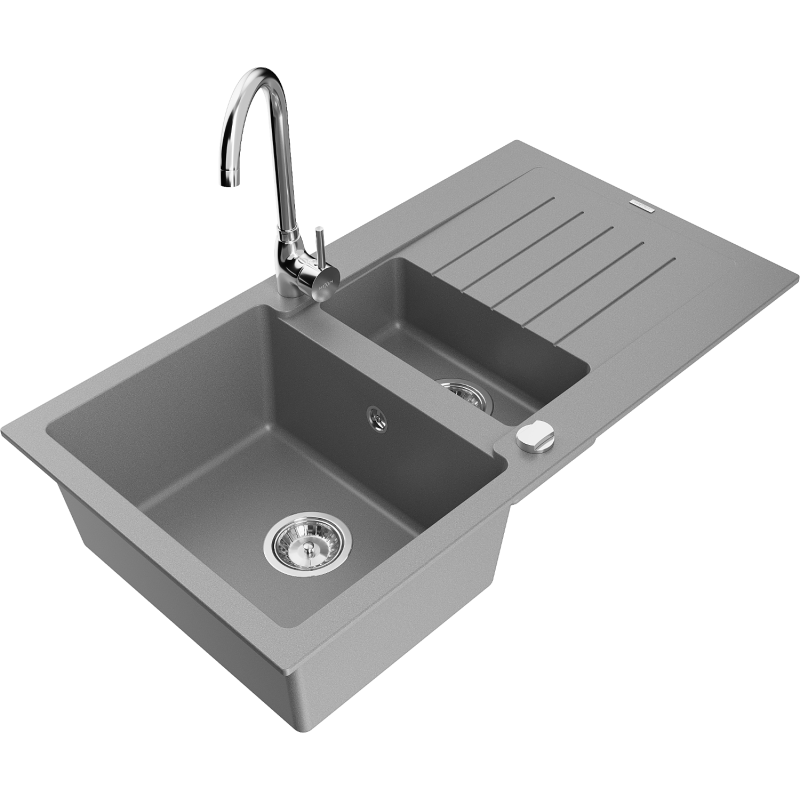 Mexen Matias 1.5-compartment granite sink with a drip tray and kitchen mixer tap Telma, Grey - 6502-71-670200-00