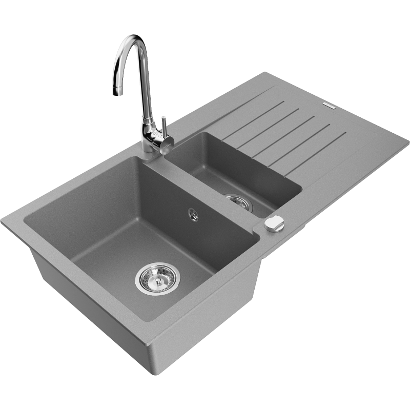Mexen Matias granite kitchen sink 1.5-bowl with drainer and Telma kitchen tap, grey - 6502-71-670200-00