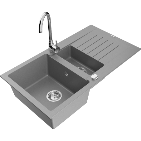 Mexen Matias 1.5-compartment granite sink with a drip tray and kitchen mixer tap Telma, Grey - 6502-71-670200-00