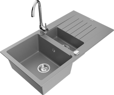 Mexen Matias 1.5-compartment granite sink with a drip tray and kitchen mixer tap Telma, Grey - 6502-71-670200-00