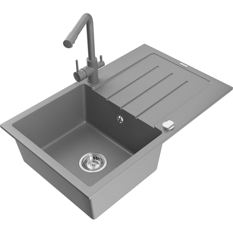 Mexen Bruno Duero gray granite kitchen sink 1-bowl with drainer and kitchen faucet - 6513-71-671600-71