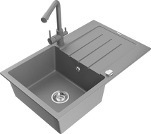Mexen Bruno granite kitchen sink 1-bowl with drainer and Duero kitchen faucet, gray - 6513-71-671600-71