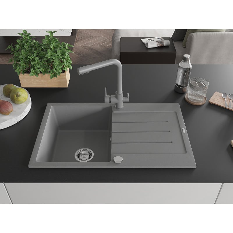 Mexen Bruno 1-bowl granite kitchen sink with drainer and Duero kitchen tap, grey - 6513-71-671600-71