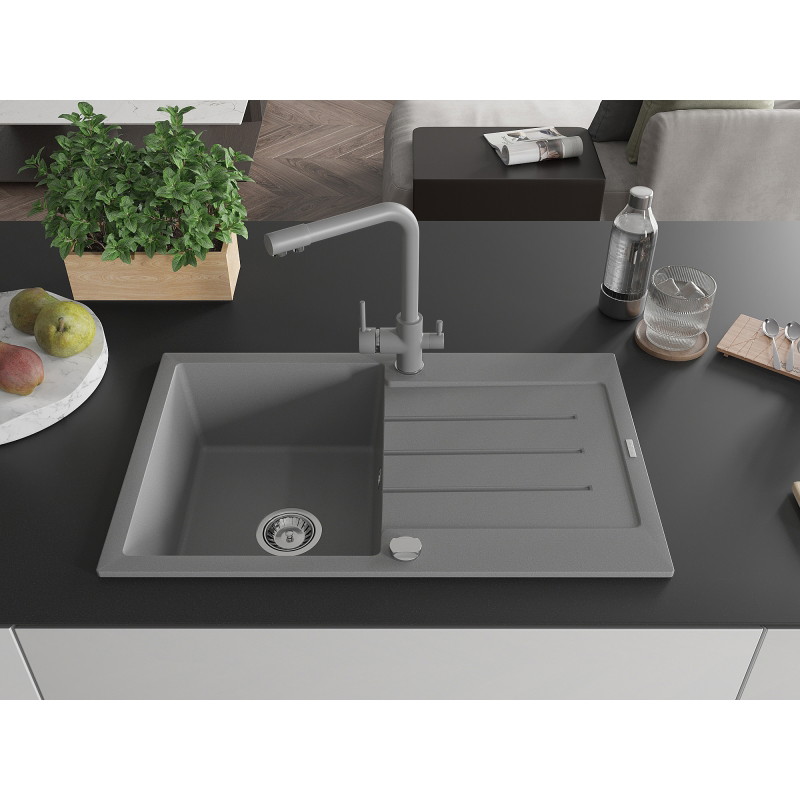 Mexen Bruno Duero gray granite kitchen sink 1-bowl with drainer and kitchen faucet - 6513-71-671600-71