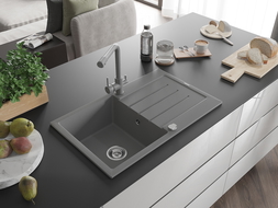 Mexen Bruno 1-bowl granite kitchen sink with drainer and Duero kitchen tap, grey - 6513-71-671600-71