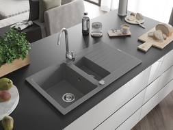 Mexen Matias 1.5-compartment granite sink with a drip tray and kitchen mixer tap Telma, Grey - 6502-71-670200-00