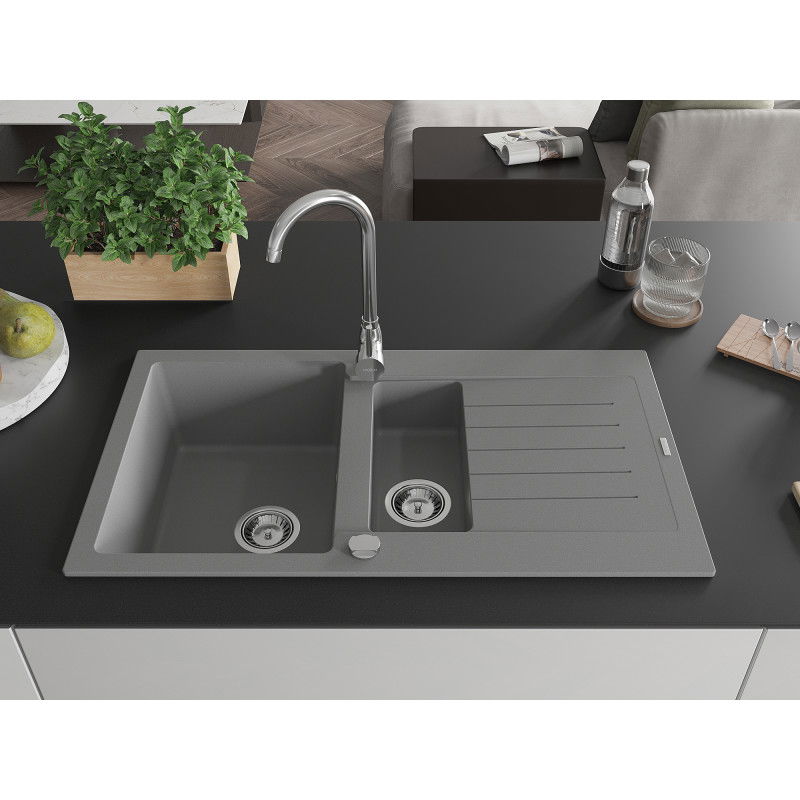 Mexen Matias granite kitchen sink 1.5-bowl with drainer and Telma kitchen tap, grey - 6502-71-670200-00