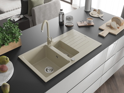 Mexen Matias 1.5-compartment granite sink with a drip tray and kitchen mixer tap Telma, Beige - 6502-69-670200-69