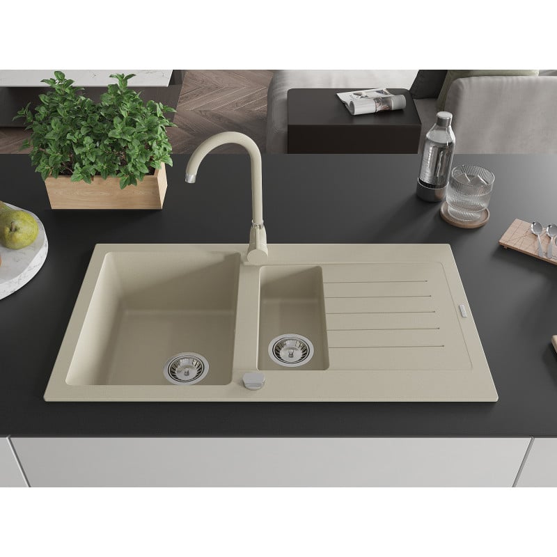 Mexen Matias granite sink 1.5-bowl with drainer and Telma kitchen faucet, beige - 6502-69-670200-69