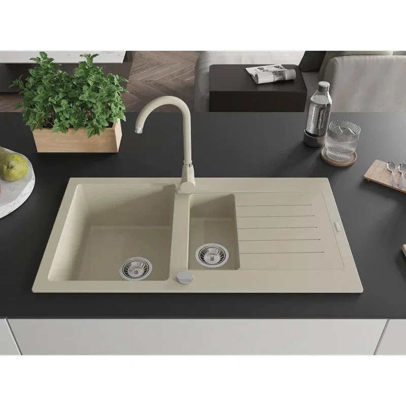 Mexen Matias granite sink 1.5-bowl with drainer and Telma kitchen tap, beige - 6502-69-670200-69