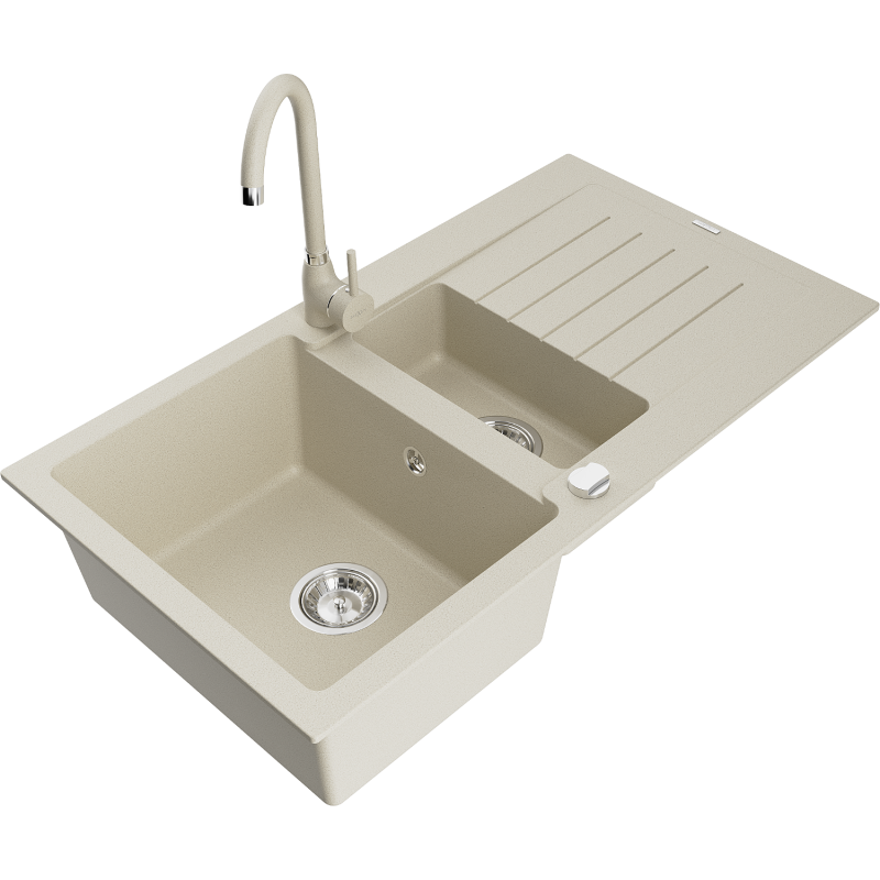 Mexen Matias granite sink 1.5-bowl with drainer and Telma kitchen faucet, beige - 6502-69-670200-69