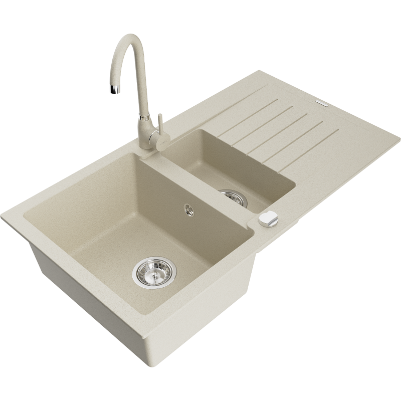 Mexen Matias granite sink 1.5-bowl with drainer and Telma kitchen tap, beige - 6502-69-670200-69