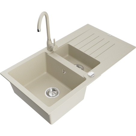 Mexen Matias granite sink 1.5-bowl with drainer and Telma kitchen faucet, beige - 6502-69-670200-69