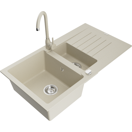 Mexen Matias granite sink 1.5-bowl with drainer and Telma kitchen tap, beige - 6502-69-670200-69
