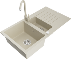 Mexen Matias 1.5-compartment granite sink with a drip tray and kitchen mixer tap Telma, Beige - 6502-69-670200-69