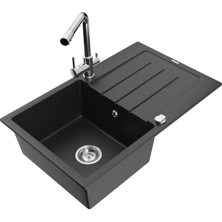 Mexen Bruno granite sink 1-bowl with drainer and kitchen faucet Duero, black/silver metallic - 6513-73-671600-00