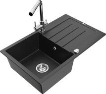 Mexen Bruno 1-bowl granite sink with drainer and Duero kitchen faucet, black/silver metallic - 6513-73-671600-00