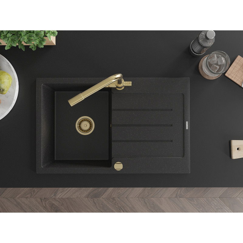Mexen Bruno single-bowl granite kitchen sink with drainer and Duero kitchen tap, black/silver metallic - 6513-73-671600-50
