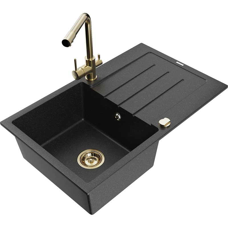 Mexen Bruno granite kitchen sink with a drainer and kitchen faucet Duero, black/silver metallic - 6513-73-671600-50