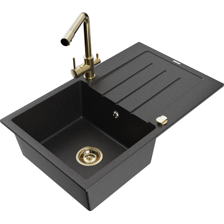 Mexen Bruno 1-compartment granite sink with a drip tray and kitchen mixer tap Duero, Black/Silver metallic - 6513-73-671600-50