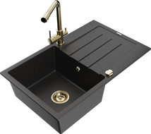 Mexen Bruno granite sink 1-bowl with drainer and kitchen faucet Duero, black/silver metallic - 6513-73-671600-50