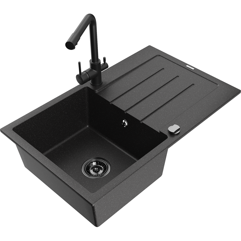 Mexen Bruno 1-compartment granite sink with a drip tray and kitchen mixer tap Duero, Black/Silver metallic - 6513-73-671600-70-B