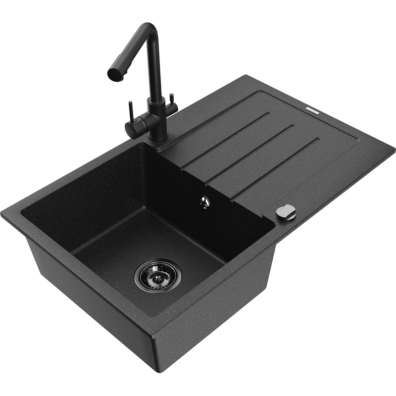 Mexen Bruno granite single-bowl sink with drainer and Duero kitchen faucet, black/silver metallic - 6513-73-671600-70-B