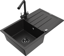 Mexen Bruno granite sink, 1-bowl with drainer and Duero kitchen tap, black/silver metallic - 6513-73-671600-70-B