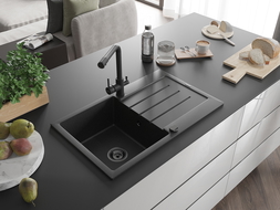 Mexen Bruno granite sink, 1-bowl with drainer and Duero kitchen tap, black/silver metallic - 6513-73-671600-70-B