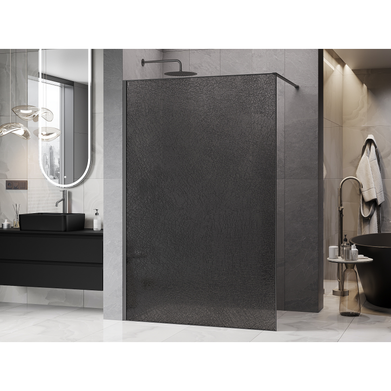 Mexen Kioto Walk-in Shower Panel 90 x 200 cm, Crackle Graphite 12 mm, Gun Metal - 800-090-101-95-44-X