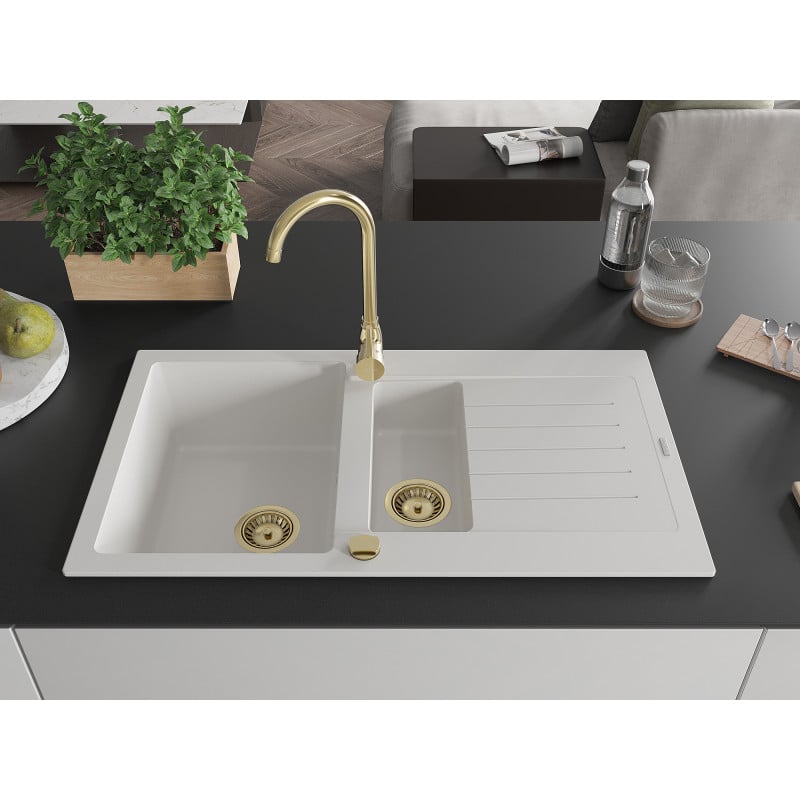 Mexen Matias 1.5-bowl granite sink with drainer and Telma kitchen faucet, white - 6502-20-670200-50