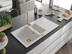 Mexen Matias 1.5-compartment granite sink with a drip tray and kitchen mixer tap Telma, White - 6502-20-670200-50