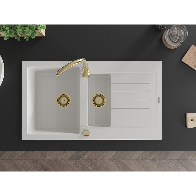 Mexen Matias 1.5-bowl granite sink with drainer and Telma kitchen faucet, white - 6502-20-670200-50