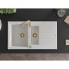 Mexen Matias 1.5-compartment granite sink with a drip tray and kitchen mixer tap Telma, White - 6502-20-670200-50