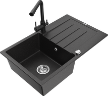 Mexen Bruno granite kitchen sink with 1 basin, drainer, and Duero kitchen tap, black/silver metallic - 6513-73-671600-70