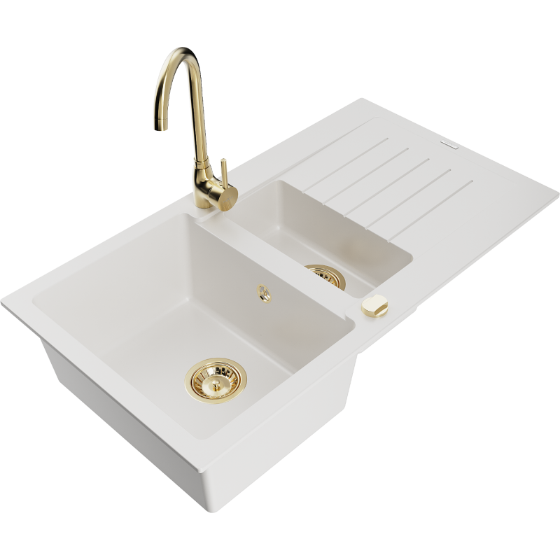Mexen Matias 1.5-bowl granite sink with drainer and Telma kitchen faucet, white - 6502-20-670200-50