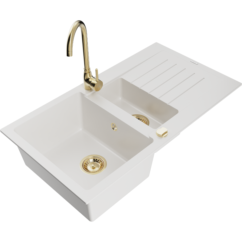 Mexen Matias 1.5-compartment granite sink with a drip tray and kitchen mixer tap Telma, White - 6502-20-670200-50