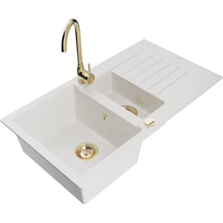 Mexen Matias 1.5-bowl granite sink with drainer and Telma kitchen faucet, white - 6502-20-670200-50