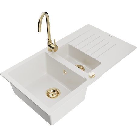 Mexen Matias 1.5-compartment granite sink with a drip tray and kitchen mixer tap Telma, White - 6502-20-670200-50
