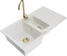 Mexen Matias 1.5-compartment granite sink with a drip tray and kitchen mixer tap Telma, White - 6502-20-670200-50